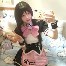 1 Stück süßes Kawaii Doppelreiher-Kleid mit Katzenpfoten-Schürze, rosa Schleife, ohne Katzenohren-Stirnband, japanisches Maid-Kostüm für Cosplay, Partys, Fotoshootings, Halloween