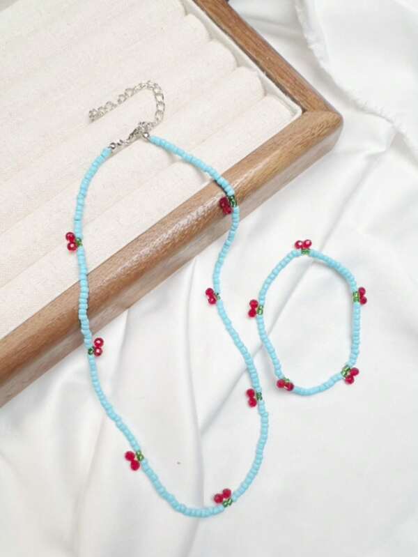 1 Cherry Bead Necklace And 1 Matching Bracelet Set, Fresh And Versatile Summer Fruit Jewelry
