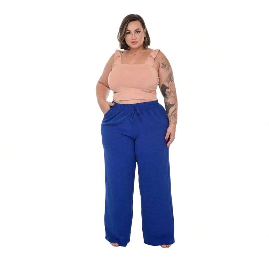 Women's Plus Size Wide Leg Pants, Elegant, Comfortable, Reinforced Stitching - Royal Blue - View 1