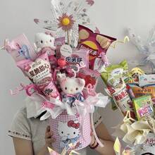 Sanrio Caixa de Presente em Formato de Balde de Abraço Buquê de Lanche Hello Kitty Cartoon, Material de Embalagem para Presente de Aniversário Rosa Fofo de Menina, Caixa Surpresa Multifuncional Reutilizável de Armazenamento, Material Decorativo Essencial para Festas de Festival