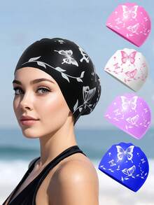 Adult Silicone Swimming Cap, Elegant Butterfly Pattern, Waterproof, Anti-Slip, Comfortable Elastic, Suitable For Short Or Long Hair, Beach Essentials, Beach Accessories, Pool Float
