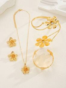 5/3/1 套装金属 3D 花朵项链耳环套装，夸张花朵手链鼻环身体链首饰套装，适合女性、日常/派对/节日的礼物 - 款式1 - 查看 6