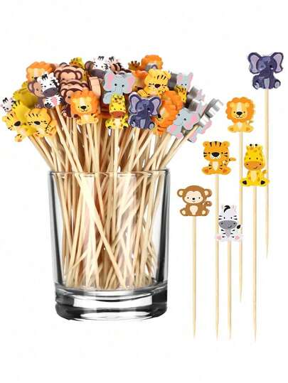 100支装 - 竹制鸡尾酒签，4.7英寸丛林动物造型，适用于鸡尾酒搅拌、食品签、装饰牙签、开胃菜、蛋糕装饰、水果、甜点、婴儿派对、生日、婚礼、派对用品