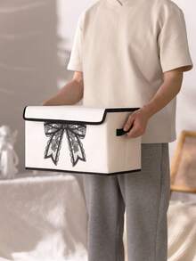 1 pieza Caja de almacenamiento con tapa estampada con lazo, cesta de almacenamiento plegable con asa, organizador ligero, contenedor de almacenamiento con tapa de uso múltiple para ropa, mantas y varios