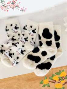 2 Pairs Of Cute Cow Patterned Plush Round Neck Fluffy Socks, Thick And Warm Coral Fleece Socks, Fluffy Socks, Soft And Comfortable, Suitable For Daily Wear, Christmas, Winter Home Warmth, Cozy - Multicolor - View 13