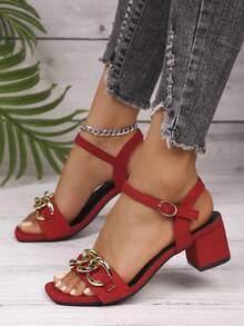 1 双女士时尚系带粗跟凉鞋，纯色露趾，简约别致风格，绒面革包跟，时尚欧美设计 - 金紅 - 查看 2