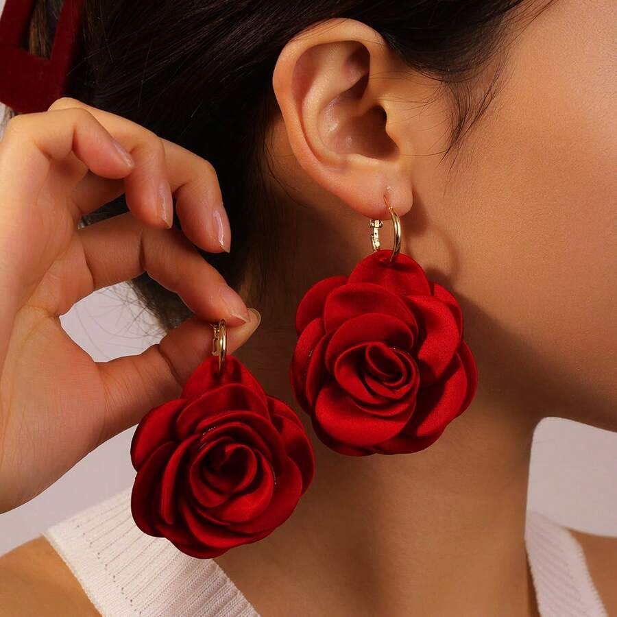 LADYCOCO 1/2 Cặp bông tai mặt dây chuyền hoa vải thủ công, phù hợp cho trang phục hàng ngày và đám cưới của phụ nữ - Màu Đỏ Sâu - Xem 1