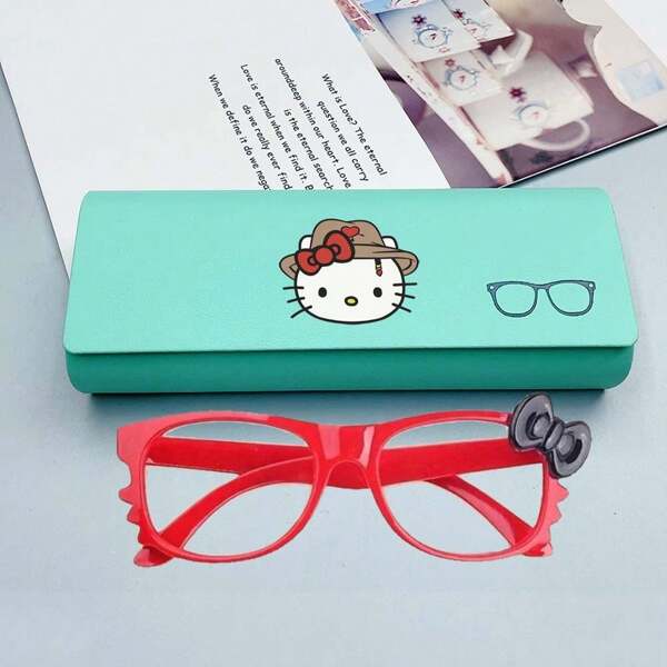 Sanrio Armação de óculos Sanrio Hello Kitty com estampa de leopardo e estojo de PU Hello Kitty - Acessório de moda retrô Y2K, plástico leve com detalhes florais, óculos decorativos sem lentes para mulheres - Presente fofo perfeito para a mãe, presentes do dia do mês