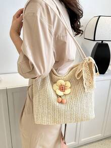 别致向日葵草编托特包，2025新款时尚休闲单肩包，韩版编织沙滩包，女士 - 白色 - 查看 6