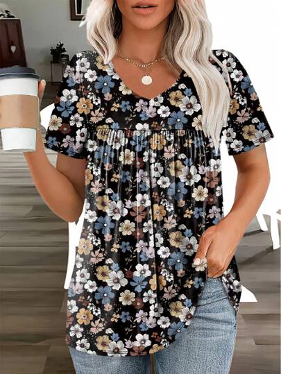 Plus Size Women Ditsy Floral Pleated V-Neck Short Sleeve Casual Beach T-Shirt