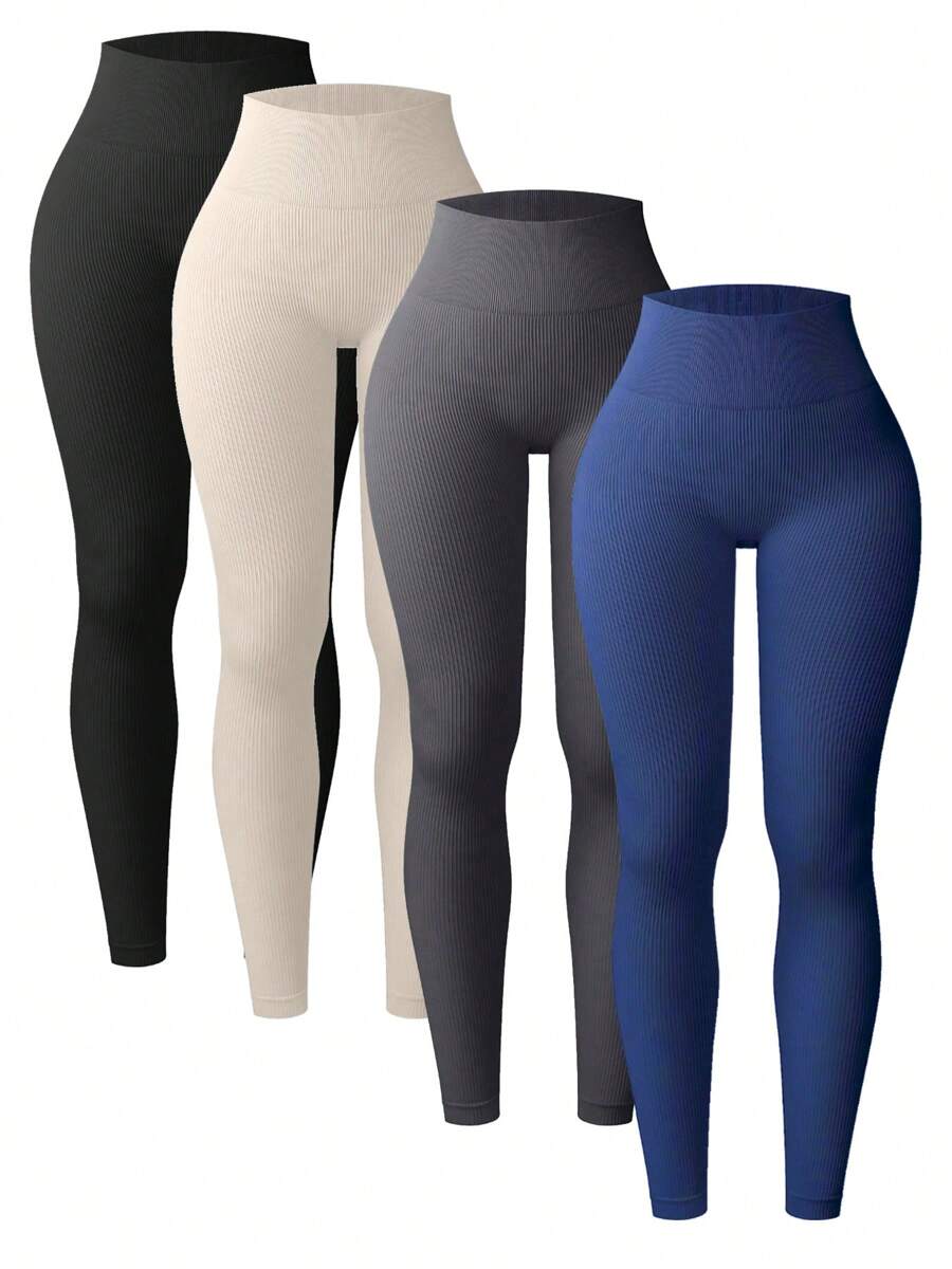 Set de 4 pantalones de yoga sin costuras acanalados, pantalones base de capa para deportes, mallas elásticas y versátiles para gimnasio y exteriores