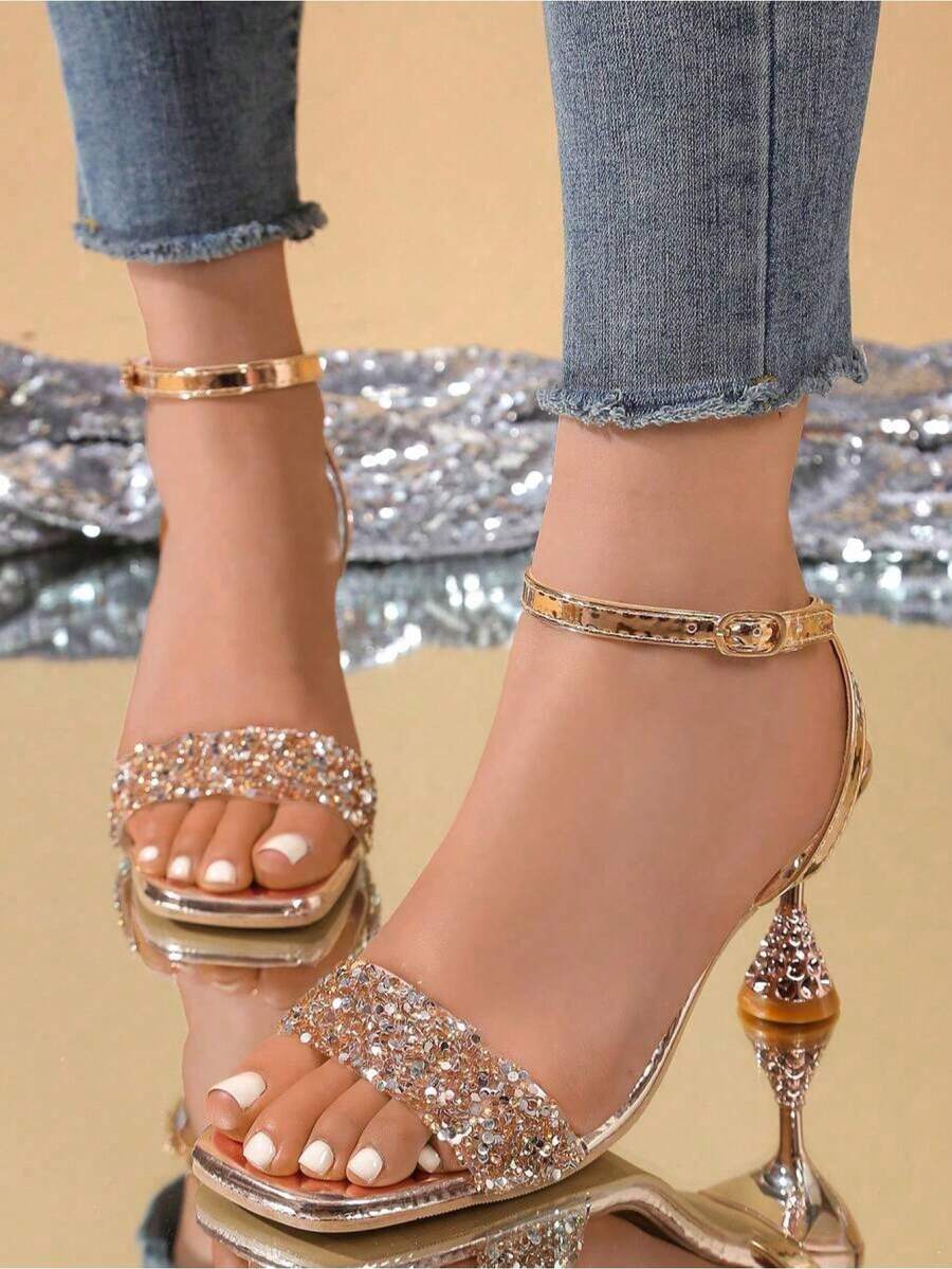 Giày sandal cao gót mùa hè dành cho nữ, đính pha lê, kiểu dáng hở mũi, buộc dây, thanh lịch, thích hợp cho tiệc tùng. - Hoa hồng vàng - Xem 1