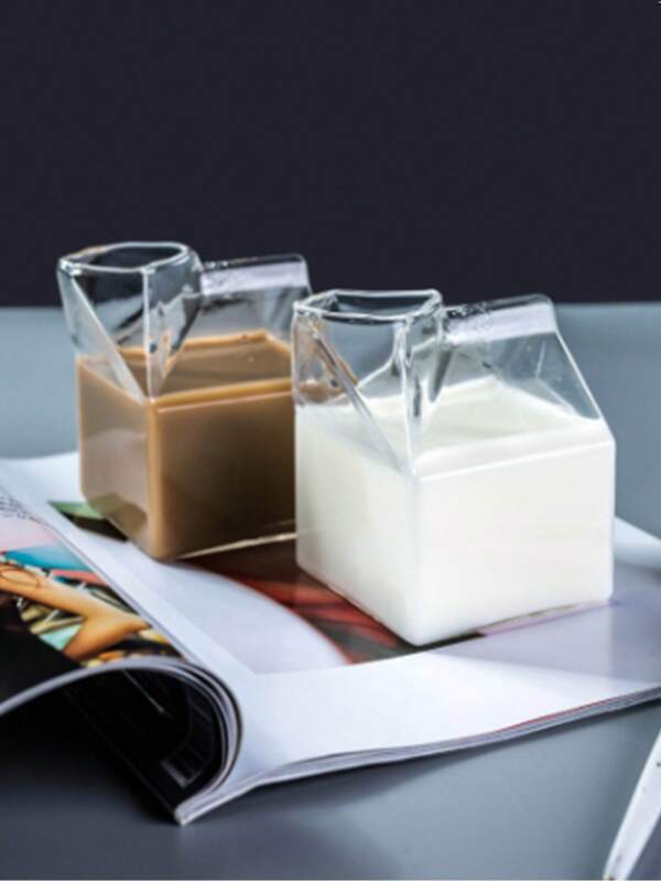 1pc Japanese Square Glass Milk Box For Breakfast With Fresh Milk At Home, High Temperature Resistant Glass Cup 350ml