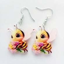1 par de aretes creativos y lindos de abeja de acrílico sosteniendo un girasol, diseño de animal encantador como regalo para mujeres