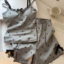 女士吊带背心睡衣，夏季新款带蝴蝶结蕾丝边的加垫吊带背心家居服 - 灰色 - 查看 8