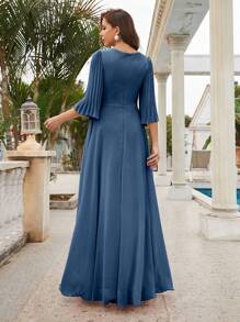 UNITHORSE Vestito da sera in chiffon con gonna ampia, vita incintata, maniche a 3/4, scollo a V e pieghe, di colore tinta unita