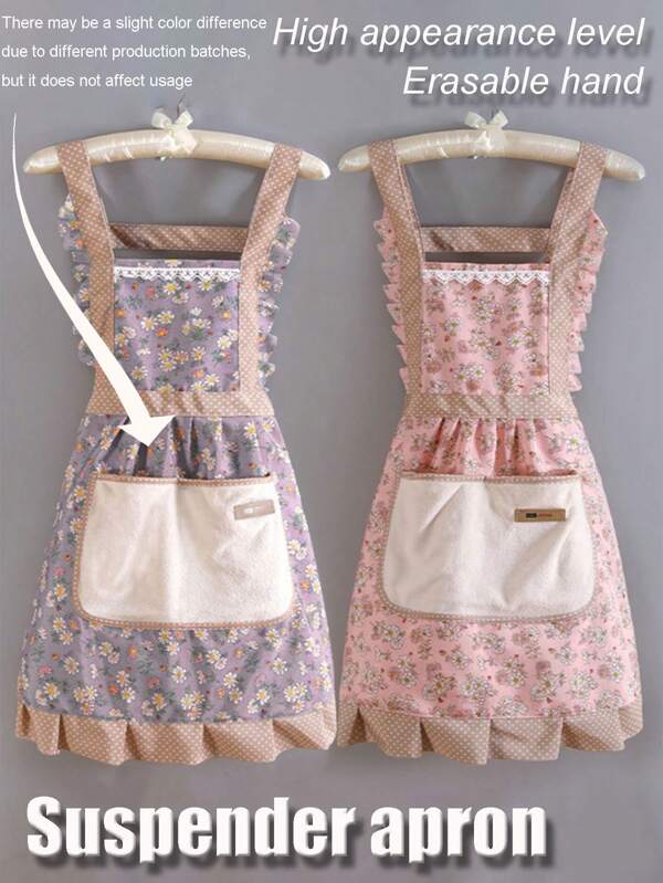 1/3 Pcs Elegant Princess Style Ditsy Floral Apron With Lace, Waterproof And Breathable Pinafore Dress, Sweet Ditsy Floral Bib Apron, Gift Apron (Slight Color And Print Variation Due To Batch Difference, But Will Not Affect Usage, Not Recommended To Purchase)