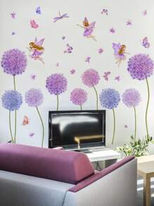 2pcs PVC Wall Sticker, Purple Dandelion Pattern Wall Decal For Home Easter