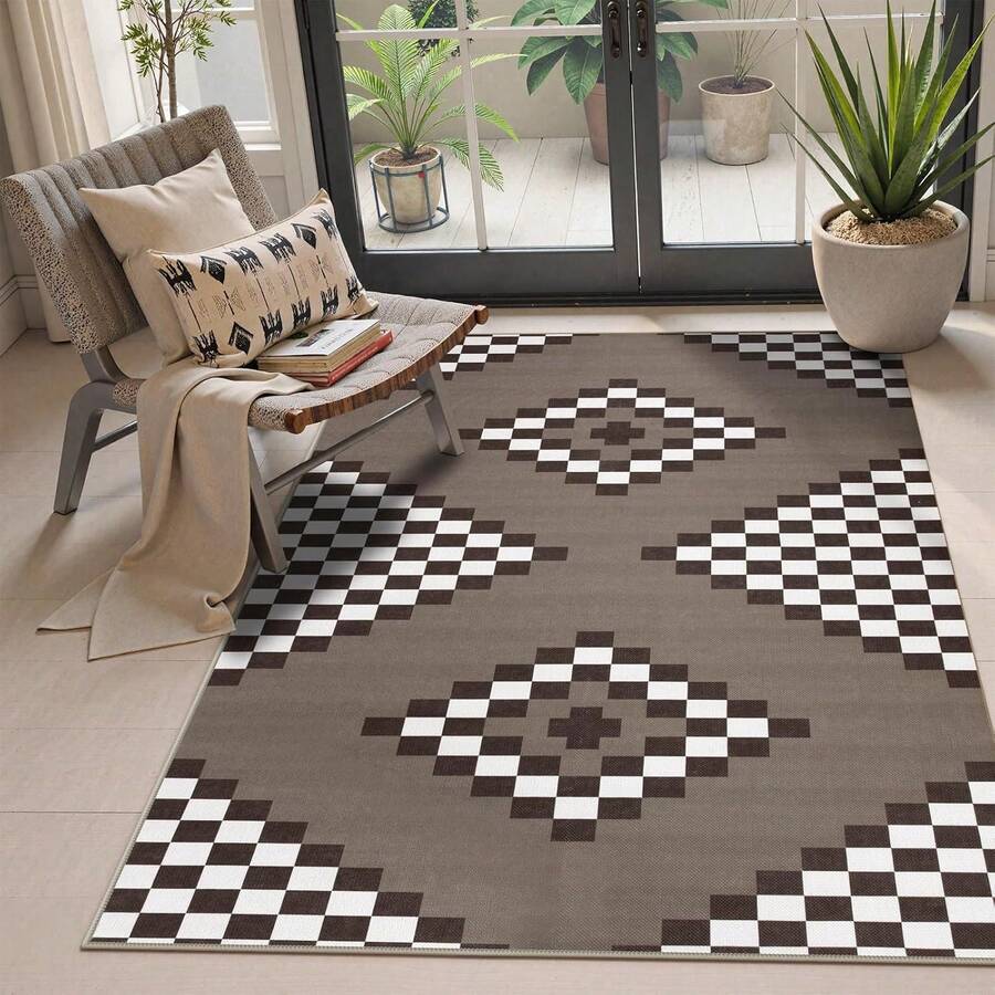 Checkered Easy Jute 3x5 Outdoor Patio Rug, Washable Rugs For Entryway Diamond Indoor Outdoor Living Room Carpet, Farmhouse Neutral Non Slip Black Door Carpet For Backyard Bedroom - 幾何-1 - 查看 1