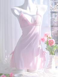1pc Pink Ladies' Bow Decorate Sexy Halter Nightdress, Backless Lace Doll Dress,Adjustable Shoulder Straps,Deep V Sexy Lingerie, Floral Lace Contrast Soft Knitted Night Gowns And Sleepshirts,Women's Solid Color Slim Fit Slit Nightdress,Perfect For Bedrooms, Honeymoons, Anniversaries,Bridal Shower Gift, Pajama Party