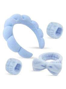 4pcs Luxury Microfiber Spa Headband And Wristband Set, Face Washing Headband, Makeup Headband, Skin Care Headband, Velvet Fluffy Sponge Headband, Soft Absorbent Terry Cloth Fabric Bubble Fluffy Hairband For Skin Care, Makeup Removal, Shower, Suitable For Women And Girls