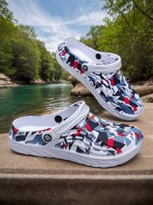 1 Pair Men's Asymmetrical Print Summer Cool Sports Style Slippers, Beach Casual Outdoor Anti-Skid Thick Platform Sports EVA Men's Beach Flip Flops Sandals