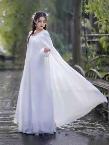1pc Chiffon Hooded Cloak Shawl For Wedding, Party, Festival, Red & White Colors
