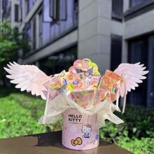 Sanrio Caixa de Presente em Formato de Balde de Abraço Buquê de Lanche Hello Kitty Cartoon, Material de Embalagem para Presente de Aniversário Rosa Fofo de Menina, Caixa Surpresa Multifuncional Reutilizável de Armazenamento, Material Decorativo Essencial para Festas de Festival