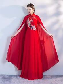 1pc Chiffon Hooded Cloak Shawl For Wedding, Party, Festival, Red & White Colors