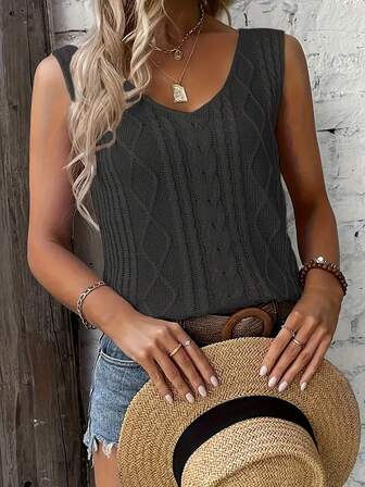 大码女式 V 领无袖休闲罗纹针织背心，轻盈透气，适合春夏季
