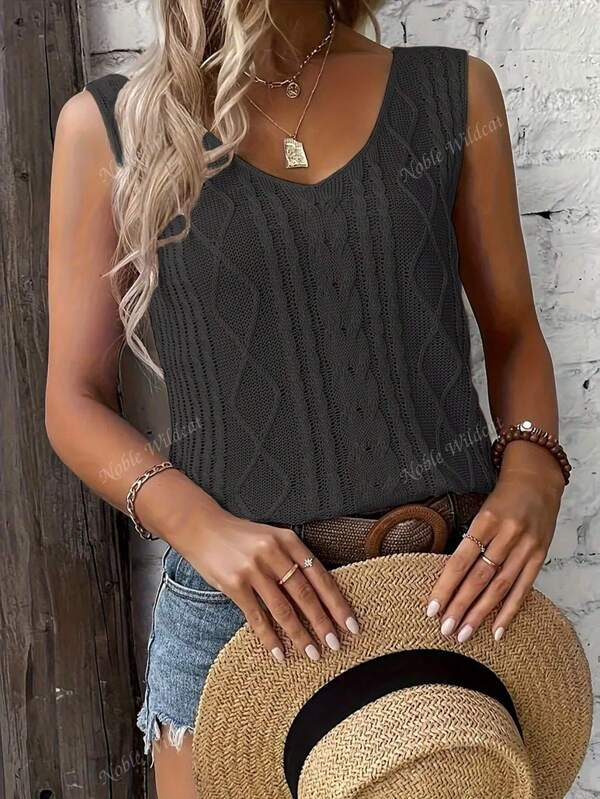 Plus Size Women V-Neck Sleeveless Casual Ribbed Knit Vest Tank Top, Lightweight & Breathable, Suitable For Spring And Summer