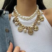 Vintage Portrait Coin Pendant With Tassel & Double-Layer Faux Pearl Necklace, Design