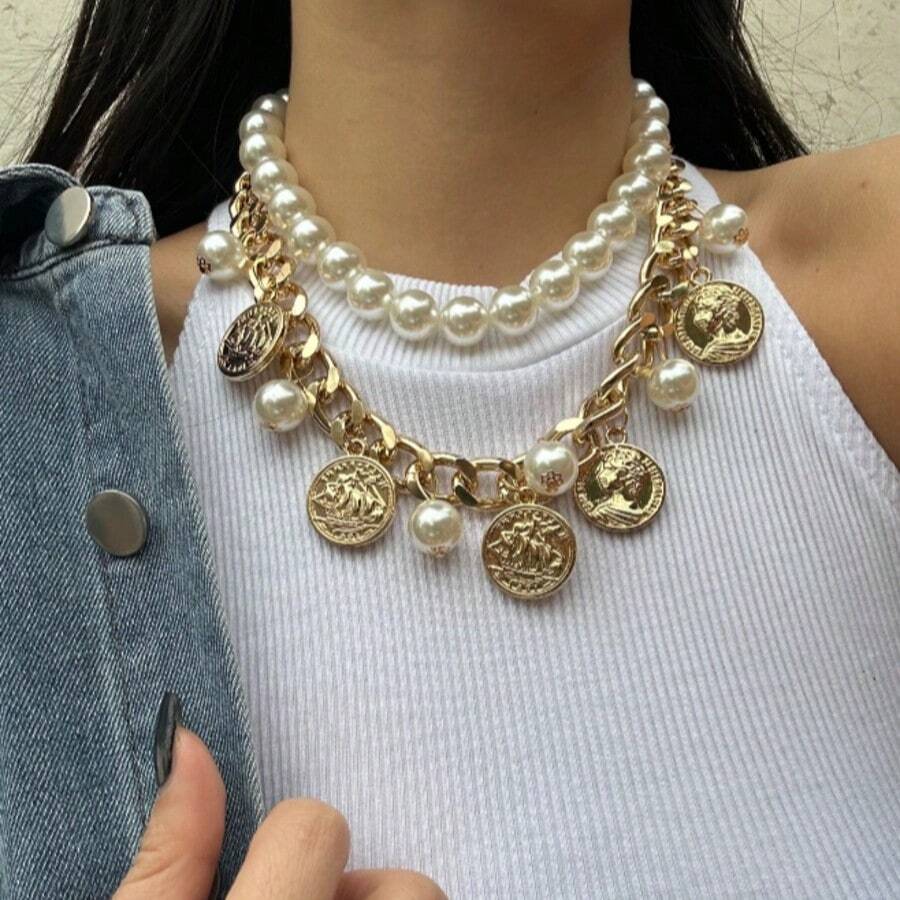 Vintage Portrait Coin Pendant With Tassel & Double-Layer Faux Pearl Necklace, Design