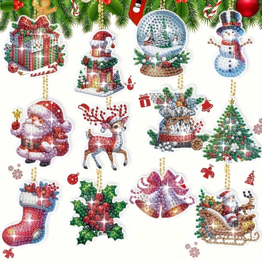 12pcs Diamond Painting Keychain Kit, Gingerbread Pattern, Round Diamond PMMA DIY Craft, Full Diamond Pendant Set, Can DIY Collaboratively, Can Be Gifts For Friends, Mothers, Christmas Home Decor