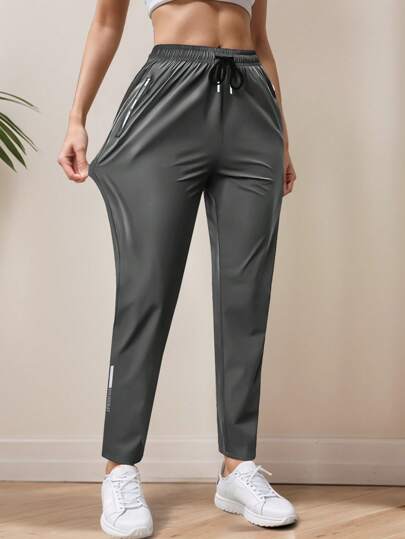 [Spring/Summer] High Stretch Mid-Waist Straight Leg Ice Silk Pants For Women, Elastic Waist Drawstring Outdoor Casual Quick-Drying Breathable Pants With Zipper Pockets, Suitable For Yoga, Fitness, Jogging Tights