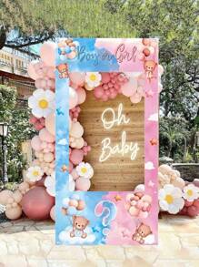 Baby Gender Reveal Party Backdrop - Cute Bear And Balloon Vinyl Photography Backdrop, Perfect For Baby Shower And Birthday Decorations , Home Decor, Baby Gender Reveal Party