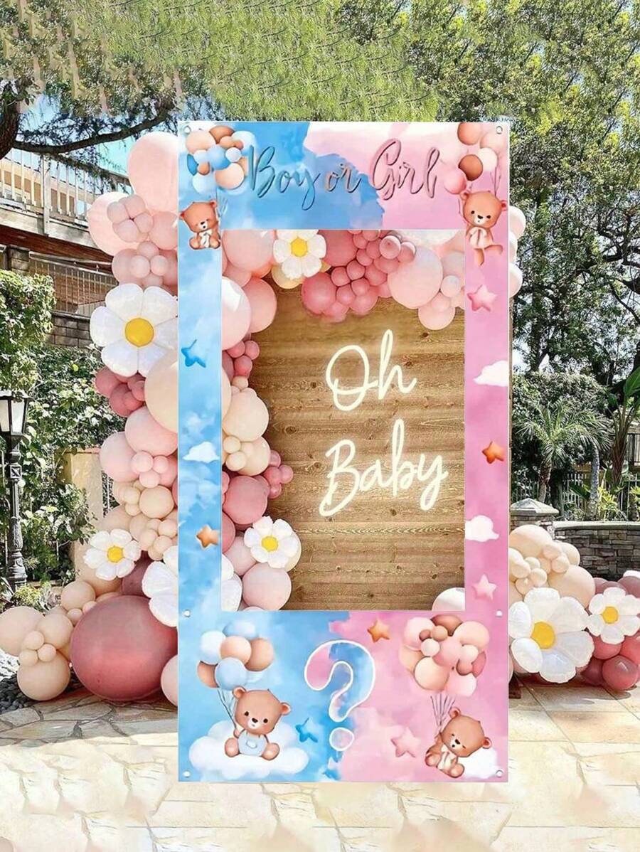 Baby Gender Reveal Party Backdrop - Cute Bear And Balloon Vinyl Photography Backdrop, Perfect For Baby Shower And Birthday Decorations , Home Decor, Baby Gender Reveal Party