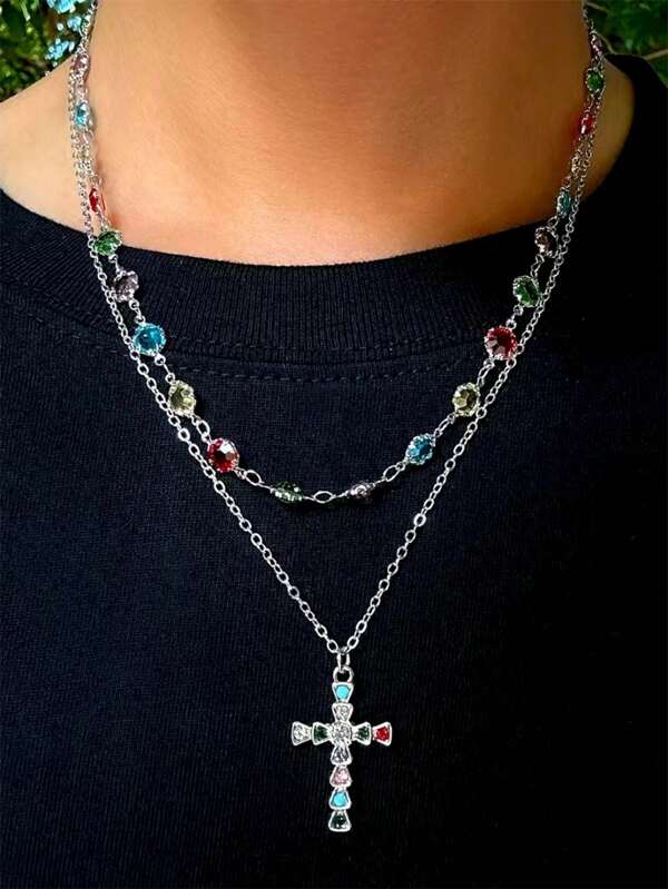 Elegante e Encantador, 1 Peça Colar Pendente Minimalista de Alta Qualidade com Cruz de Diamante Bicolor, Versátil para Homens e Mulheres, Adequado para Uso Diário, Eventos e Festas, Ótimo para Presente.