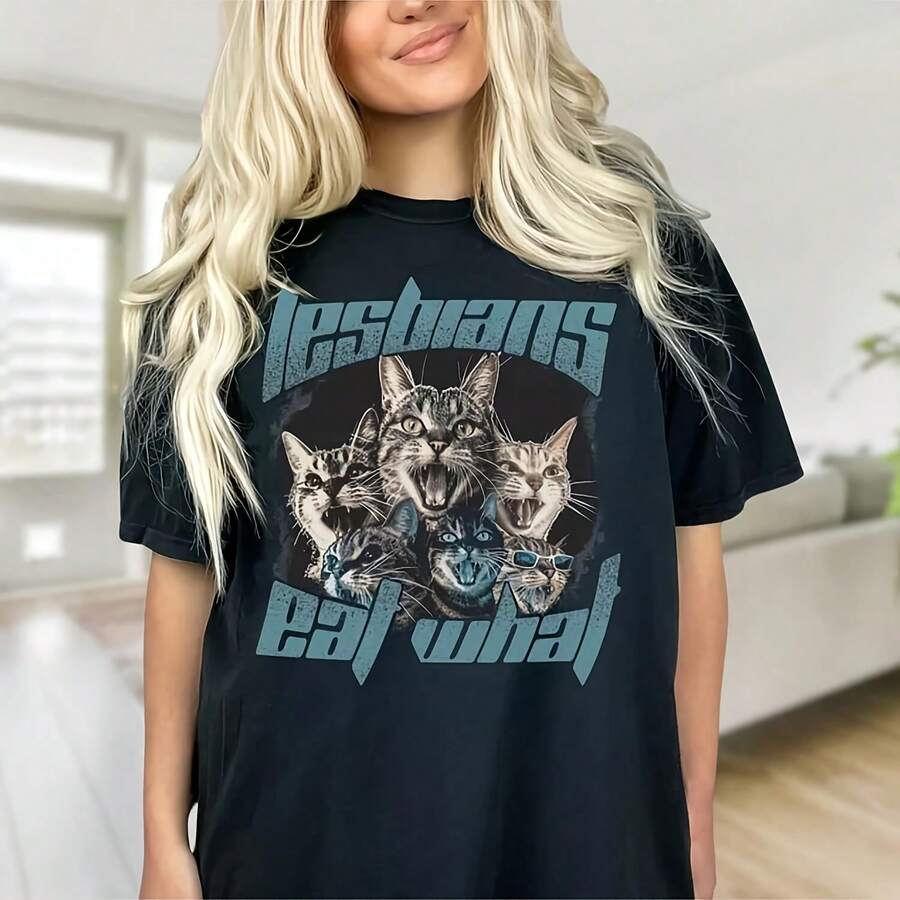 Lesbians Eat What Cat Shirt, Vintage 90s Bootleg Tee, Lesbian Shirt, Pride Month,  BT Shirt, Funny Cat Lesbian Shirt, Equality ShirtY2K Wo's 220g Thick Cotton T-Shirt With Butterfly Print Pattern, Suitable For Girls And Wo's Short Sved Round Neck Inspirational Shirt, Cute Aesthetic Y2K Style Summer Top, Suitable For Outdoor, Family, Work Or Street Wear Casual Loose Daily T-Shirt - Black - View 1