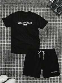 Kit Camiseta Algodão + Short Tectel Los Angeles Verão Combo Camisa 100% Algodão Linha Premium - Preto - Visão 1