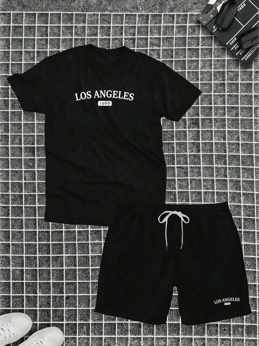 Kit Camiseta Algodão + Short Tectel Los Angeles Verão Combo Camisa 100% Algodão Linha Premium - Preto - Visão 1