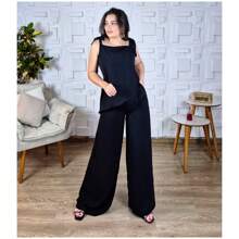 Conjunto Calça Pantalona e Blusa Alcinha de Lacinho Elegante Social Esporte Fino Duna Bonito Preto