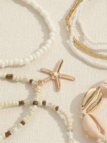 7pcs Bohemian Style Beaded Bracelet Set With Shell, Faux Pearl And Starfish Charms, Suitable For Women (Random Color Beads)