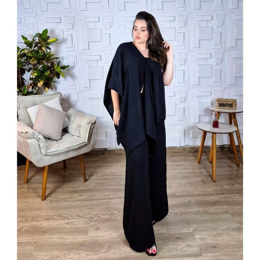 Conjunto 3 Peças Calça Blusa Capa e Top Elegante Social Esporte Fino Duna Bonito Preto