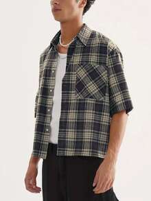 男士宽松短袖格子衬衫（带纽扣） - 藍色 - 查看 2