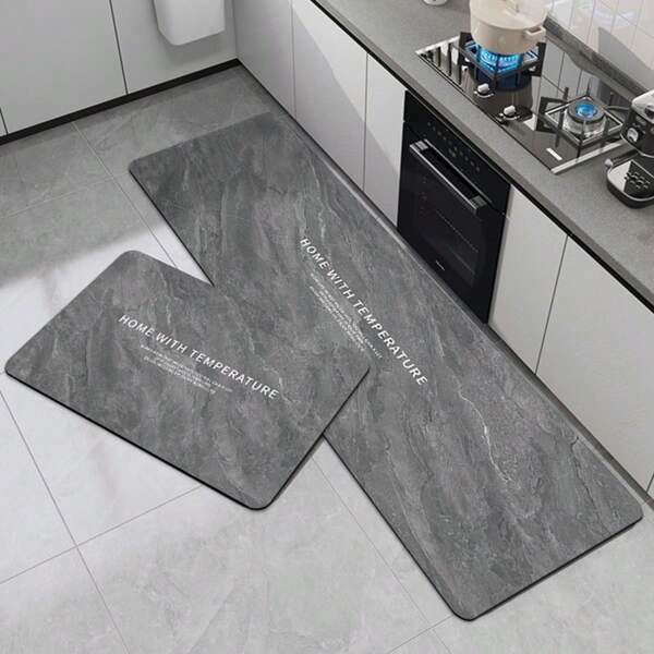 1pc Gray Letter High-End Kitchen Floor Mat, Made Of Diatomaceous Earth Material, Waterproof, Oil-Resistant, Stain-Resistant, Erasable And Washable Household Doormat, Non-Slip Bathroom Mat