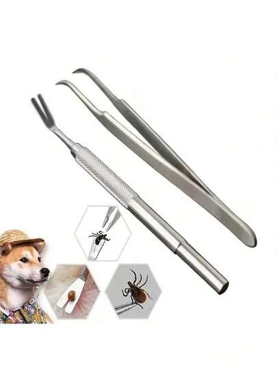 不锈钢蜱虫去除器，适用于大多数宠物，方便户外使用，易于携带，硬度高，去除蜱虫不留痕迹，带镊子，室内外均可使用，易于存放
