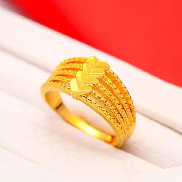 1pc 18K Gold Plated Heart-Shaped Openable Adjustable Ring, European Style Classic Smooth Solid Golden Couple Rings Wedding Gift, No Box
