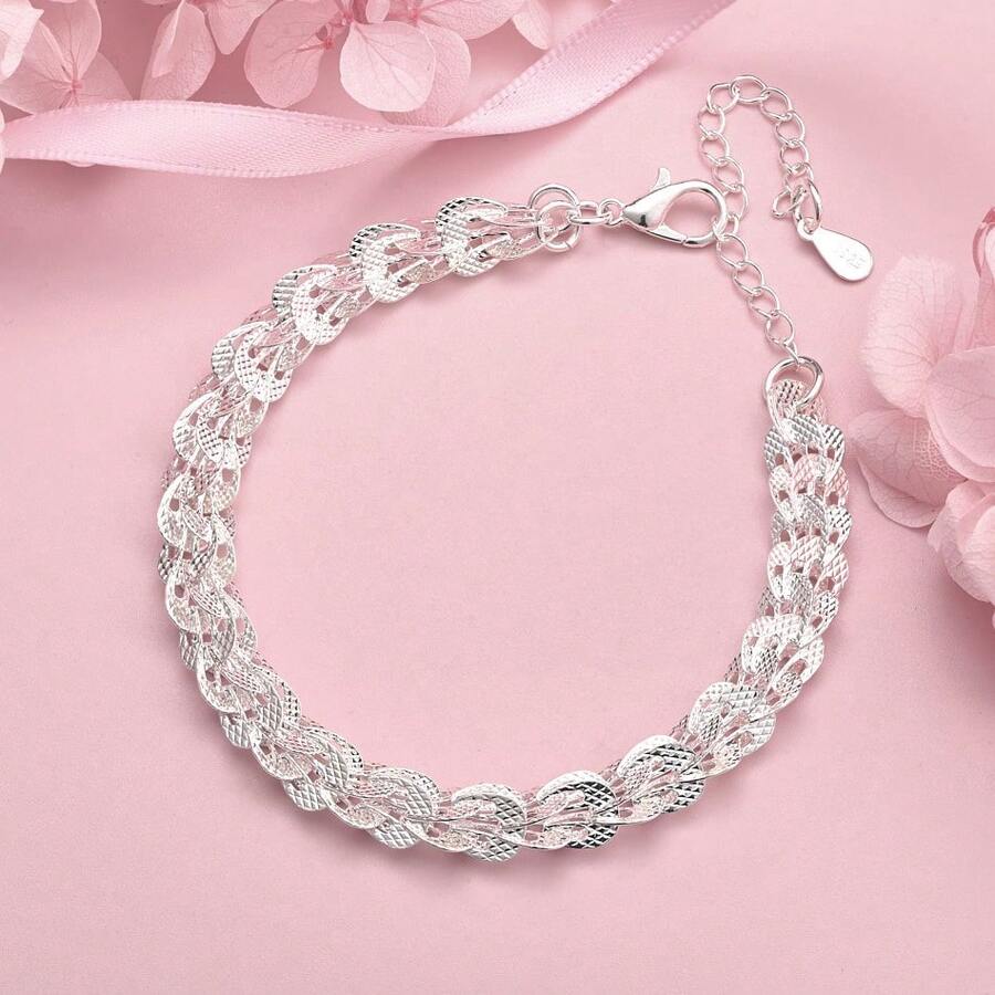 1 件精致的 925 银优雅女士手链，空心链设计，非常适合节日礼物和休闲装 - 銀色 - 查看 1