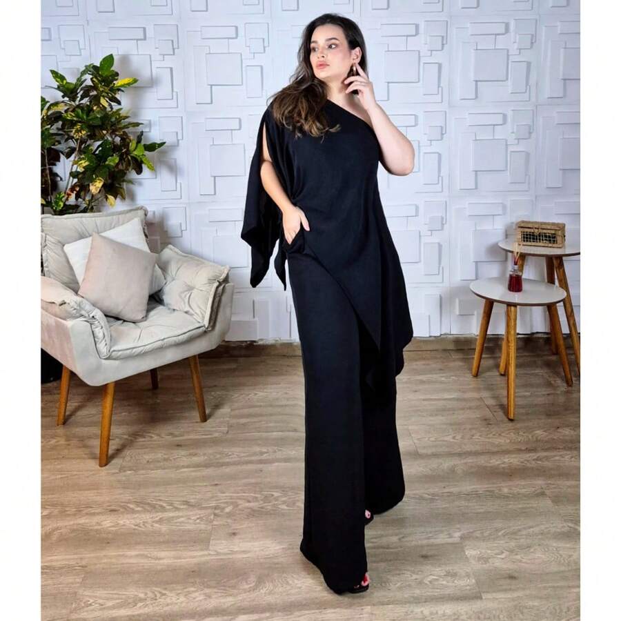 Conjunto 3 Peças Calça Blusa Capa e Top Elegante Social Duna Bonito Preto Chique Várias Formas 7 em 1